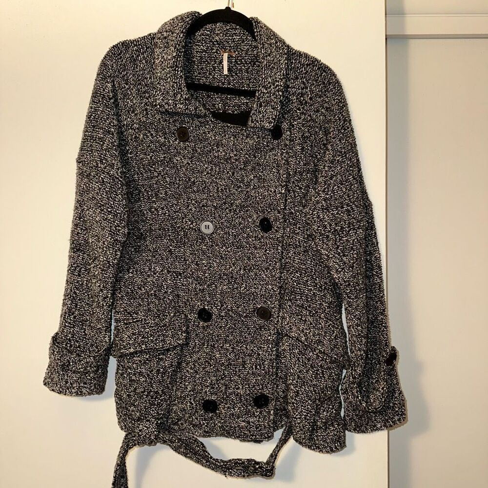 Free People Womens Small Wool Blend Knit Belted Button Peacoat Black Gray FLAWED